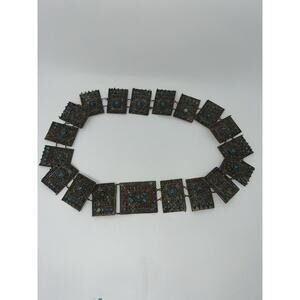 Vintage 1950’s Coral & Turquoise Stones Hammered Metal Nepal Artisanal Belt 32”